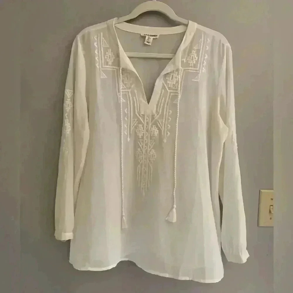 Woman’s Artisan NY White Long Sleeve Embroidered See Through Blouse Size Large